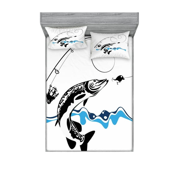Ambesonne Fish Fitted Sheet & Pillow Sham Set, Hand Drawn Art Nautical, Full, Black Blue