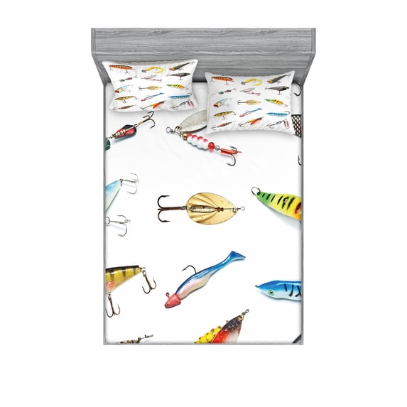 Ambesonne Fish Fitted Sheet & Pillow Sham Set, Hunting Hobby Leisure, Queen, Multicolor