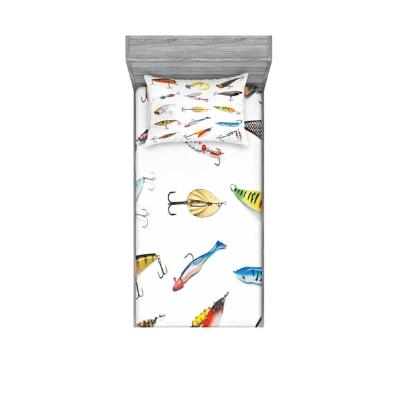 Ambesonne Fish Fitted Sheet & Pillow Sham Set, Hunting Hobby Leisure, Twinxl, Multicolor