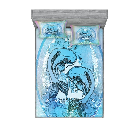 Ambesonne Fish Fitted Sheet & Pillow Sham Set, Japanese Koi on Sea Blue, Full, Blue Lilac