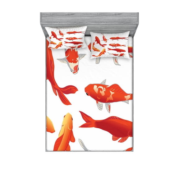 Ambesonne Fish Fitted Sheet & Pillow Sham Set, Koi Shoal Chinese Animal, Full, Orange White