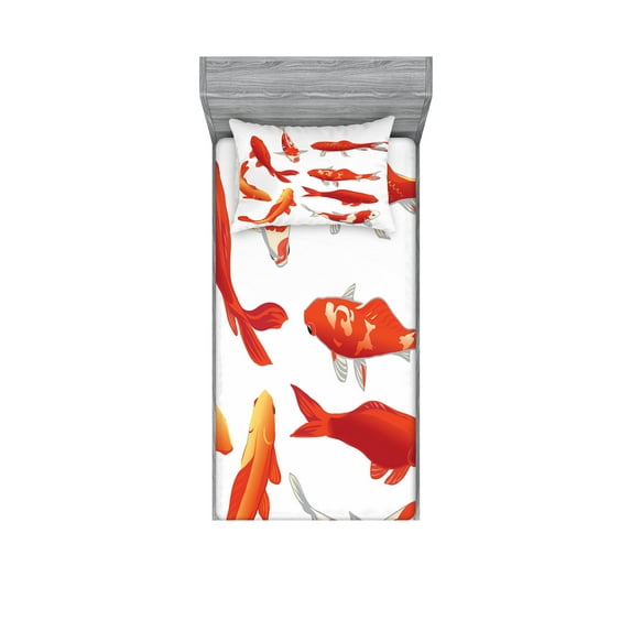 Ambesonne Fish Fitted Sheet & Pillow Sham Set, Koi Shoal Chinese Animal, Twin, Orange White