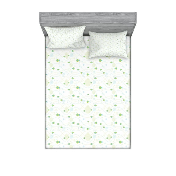 Ambesonne Fish Fitted Sheet & Pillow Sham Set, Marine Life Inspiration, Full, Apple Green Blue