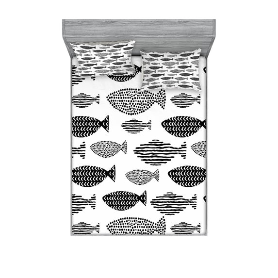 Ambesonne Fish Fitted Sheet & Pillow Sham Set, Sea Animals Black White, Queen, Black White