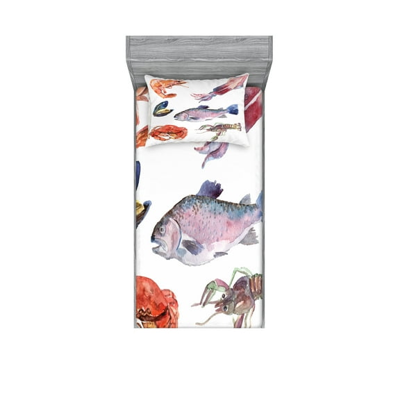 Ambesonne Fish Fitted Sheet & Pillow Sham Set, Sea Animals Watercolor, Twinxl, Mustard Navy