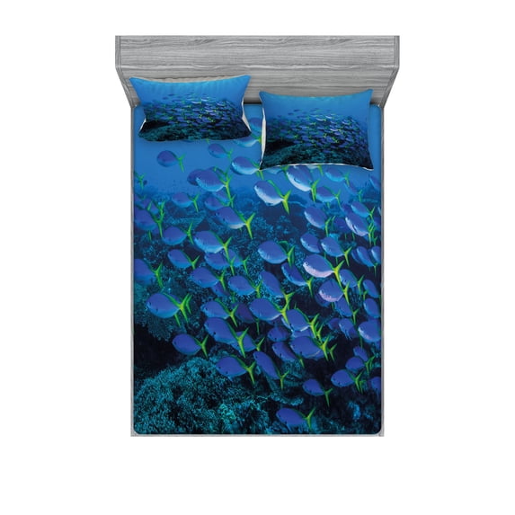 Ambesonne Fish Fitted Sheet & Pillow Sham Set, Shoal Reef Ocean, Full, Multicolor