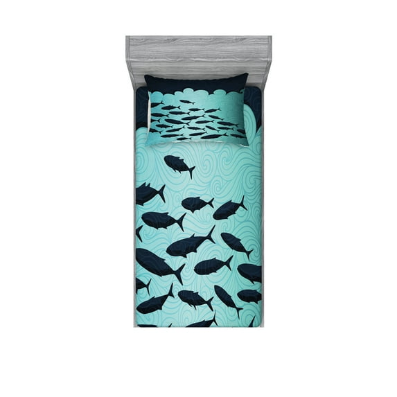 Ambesonne Fish Fitted Sheet & Pillow Sham Set, Surreal Ocean Life Theme, Twinxl, Blue Turquoise