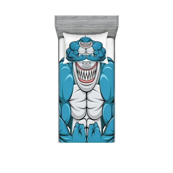 Ambesonne Fish Fitted Sheet & Pillow Sham Set, Toothy White Shark Smiling, Twinxl, Pale Grey Petrol Blue