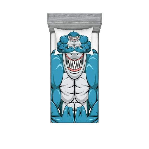 Ambesonne Fish Fitted Sheet & Pillow Sham Set, Toothy White Shark Smiling, Twinxl, Pale Grey Petrol Blue