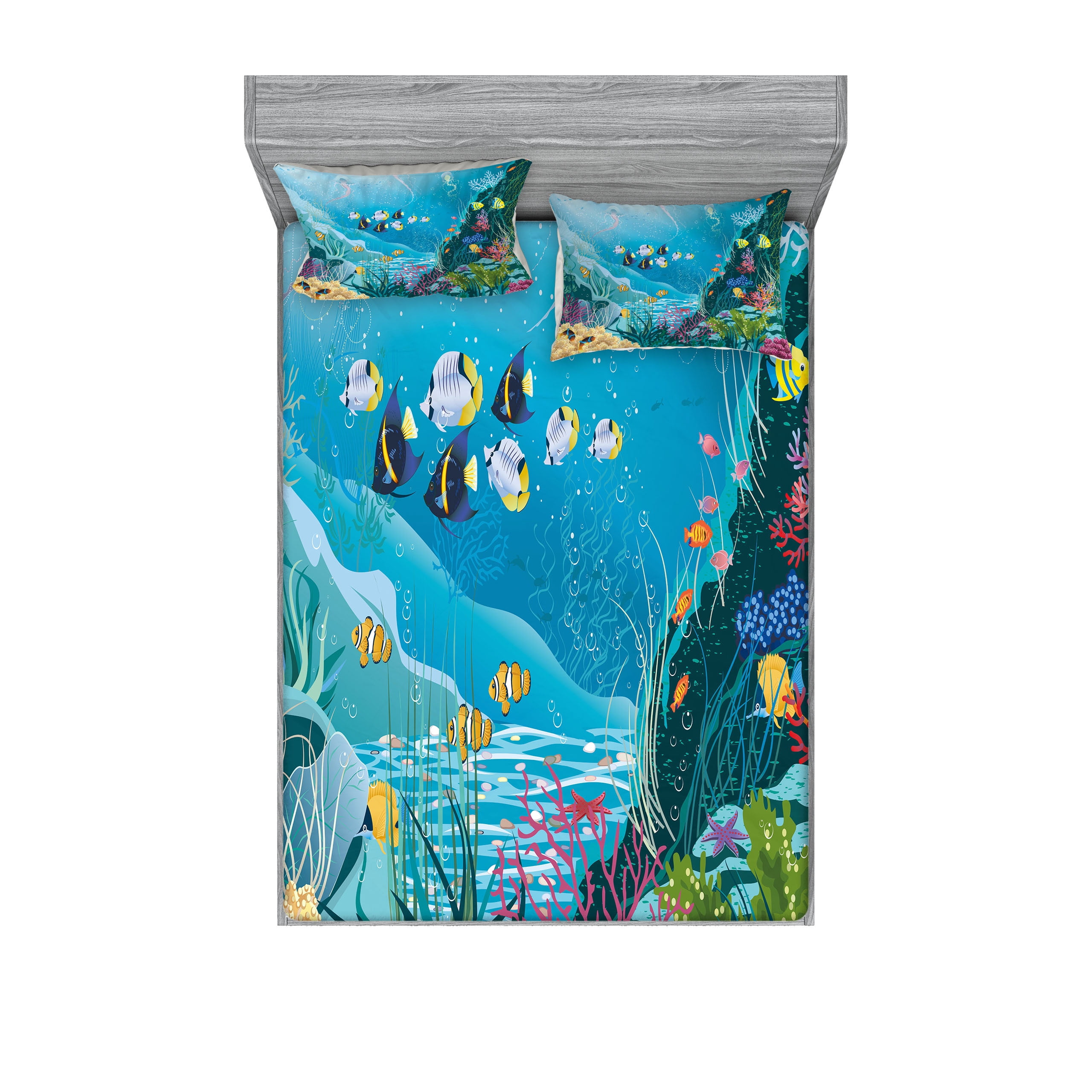 Ambesonne Fish Fitted Sheet & Pillow Sham Set, Underwater Scenery ...