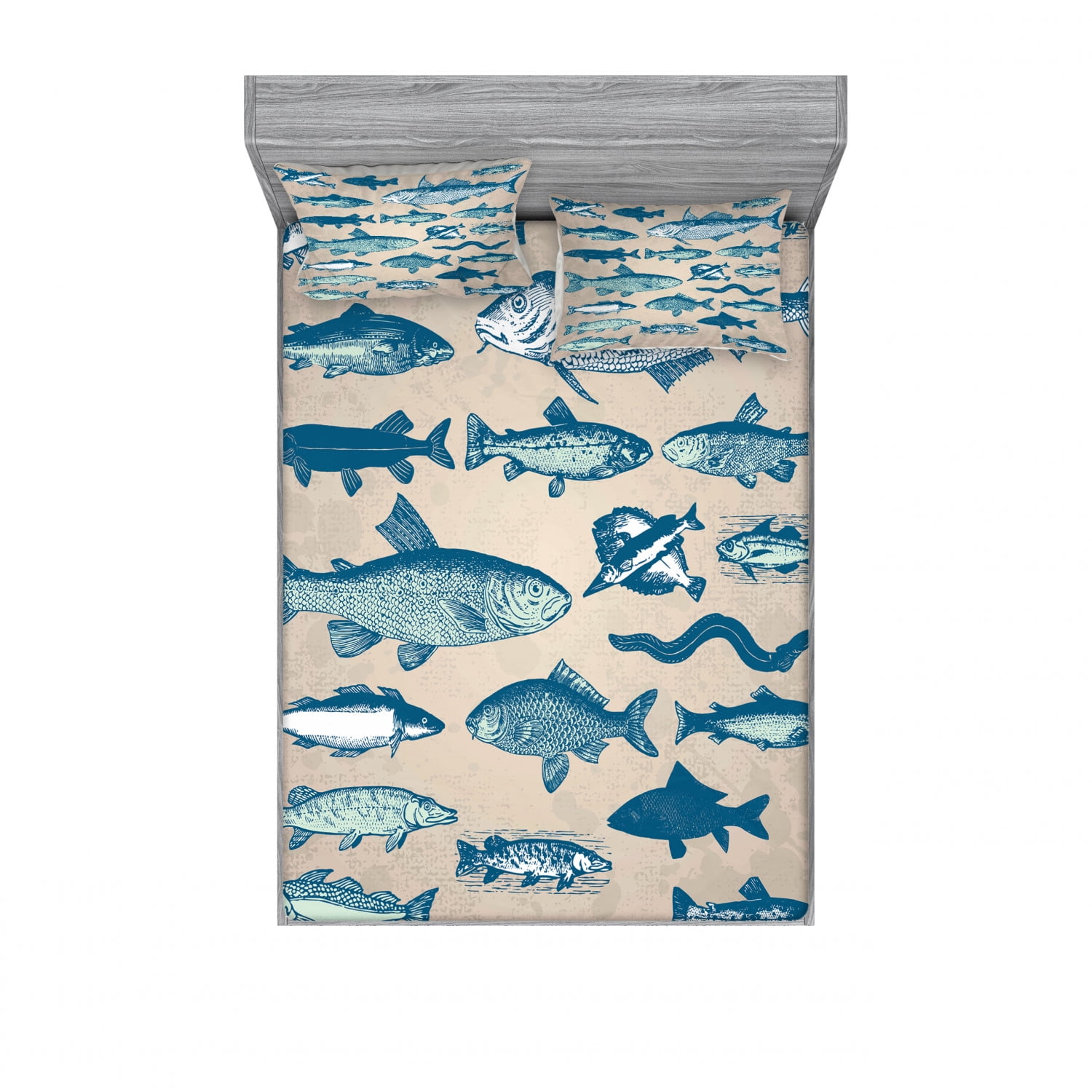 Queen White Microfiber Fish Print Bed Sheet Set