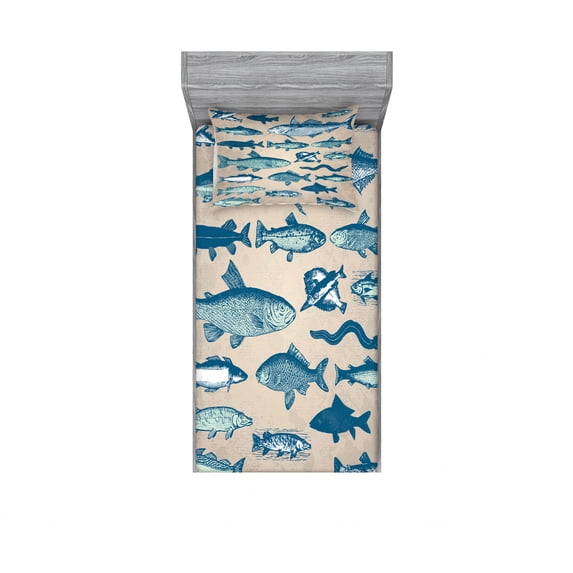 Ambesonne Fish Fitted Sheet & Pillow Sham Set, Vintage Seafood Composition, Twin, Multicolor