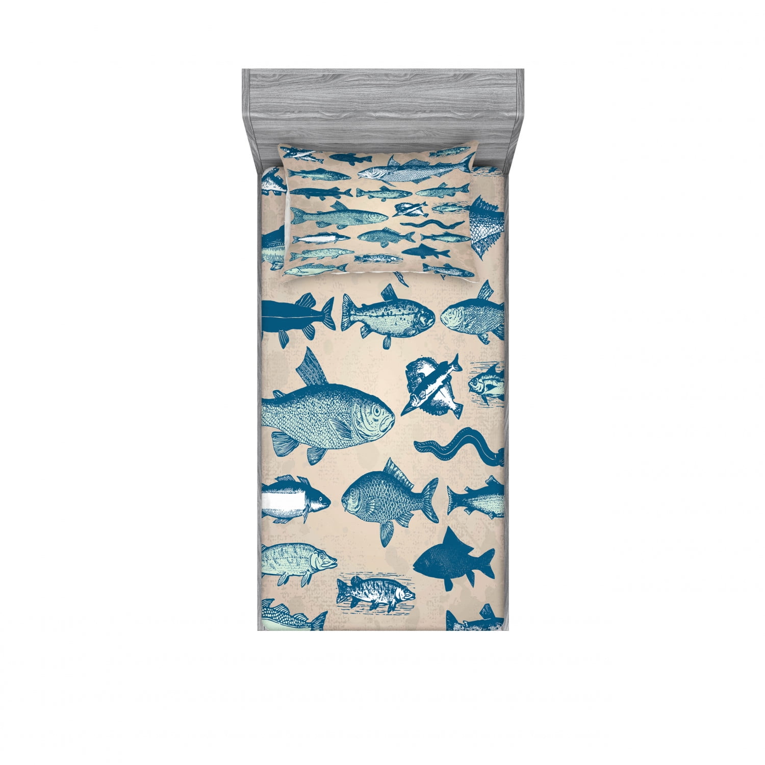 Twin XL White and Blue Fish Print Microfiber Sheet Set