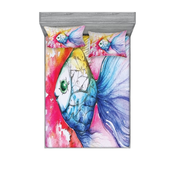 Ambesonne Fish Fitted Sheet & Pillow Sham Set, Watercolor Abstract Art, Full, Multicolor
