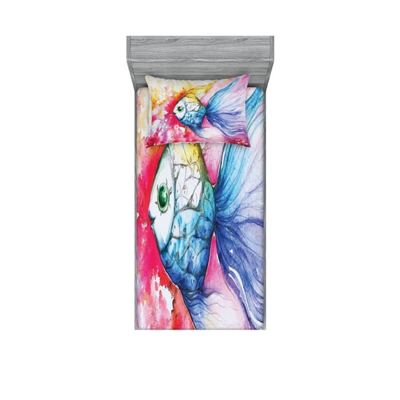 Ambesonne Fish Fitted Sheet & Pillow Sham Set, Watercolor Abstract Art, Twinxl, Multicolor