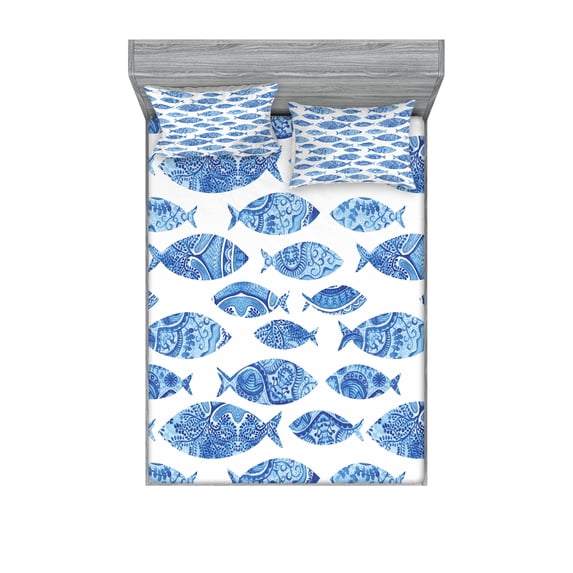 Ambesonne Fish Fitted Sheet & Pillow Sham Set, Watercolor Blue Patterns, Full, Blue