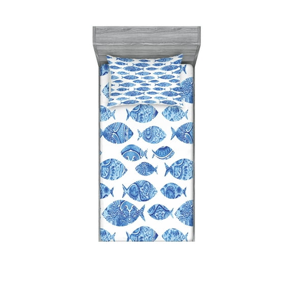 Ambesonne Fish Fitted Sheet & Pillow Sham Set, Watercolor Blue Patterns, Twinxl, Blue