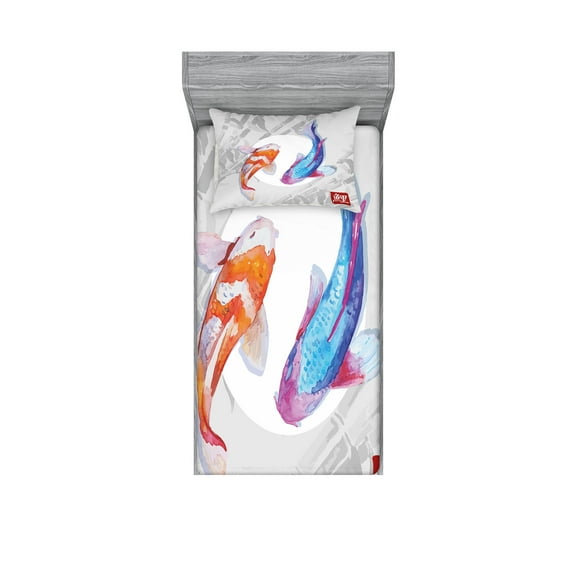 Ambesonne Fish Fitted Sheet & Pillow Sham Set, Watercolor Japanese Carps, Twin, Blue Orange