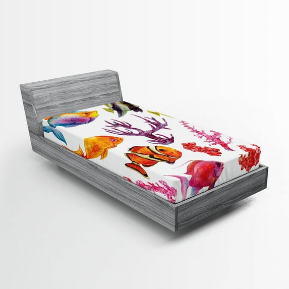 Ambesonne Fish Fitted Sheet, Tropic Life Seaweed Coral, Twin XL Size, Orange Purple