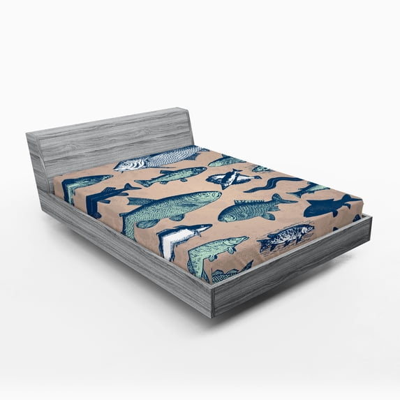 Ambesonne Fish Fitted Sheet, Vintage Seafood Composition, Queen Size, Multicolor