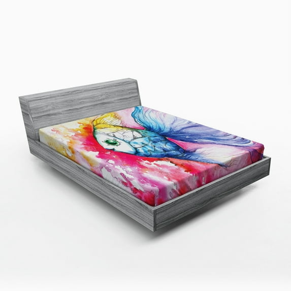 Ambesonne Fish Fitted Sheet, Watercolor Abstract Art, Full Size, Multicolor