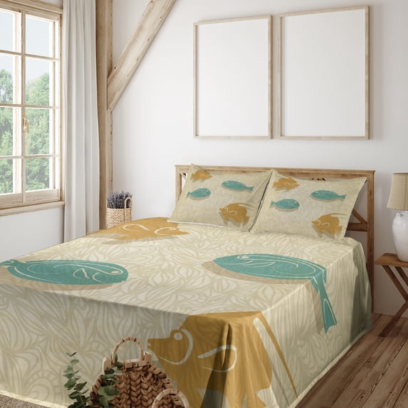 Ambesonne Fish Fitted & Top Sheet Set with Shams, Aquarium Ocean Waves, Sand Brown Seafoam