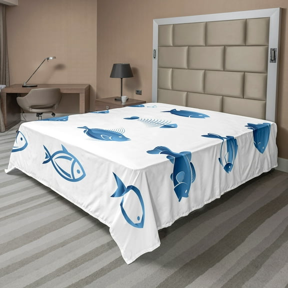 Ambesonne Fish Flat Sheet, Array of Fish Marine Life, California King, Blue White