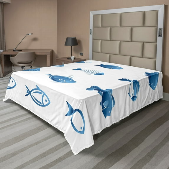 Ambesonne Fish Flat Sheet, Array of Fish Marine Life, Queen Size, Blue White