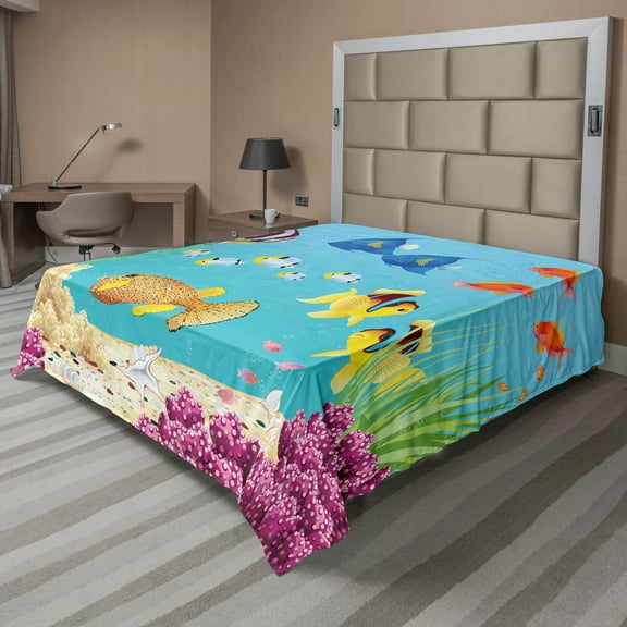 Ambesonne Fish Flat Sheet, Cartoon Underwater Theme, California King, Multicolor