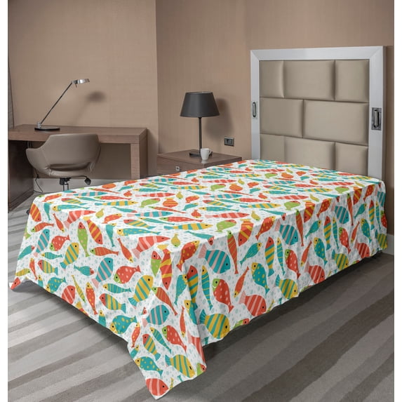 Ambesonne Fish Flat Sheet, Colorful Fish Sea Bubbles, Twin Size, Multicolor