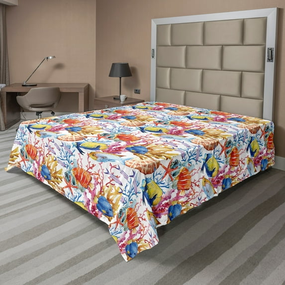 Ambesonne Fish Flat Sheet, Coral Reef Scallop Shells, Full Size, Multicolor