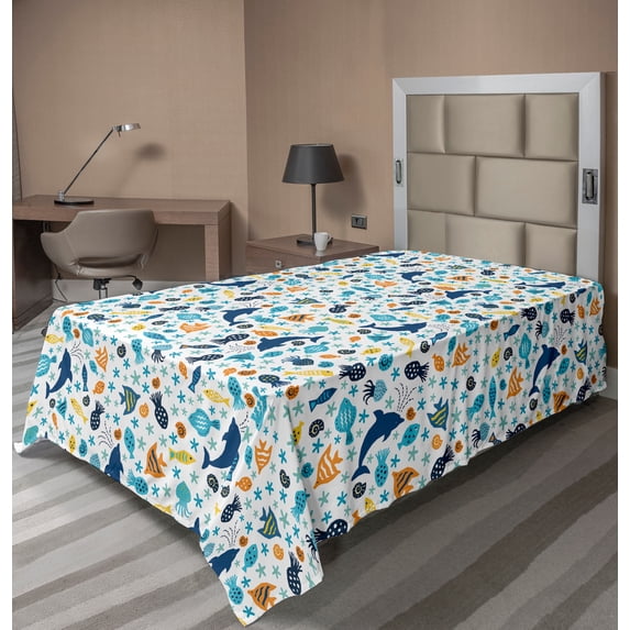 Ambesonne Fish Flat Sheet, Dolphin Star Jellyfish Shells, TwinXL Size, Dark Sky Blue Marigold