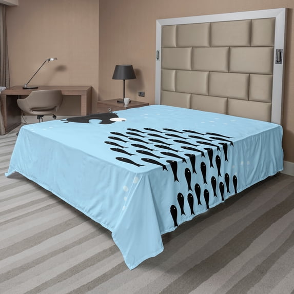 Ambesonne Fish Flat Sheet, Funny Cartoon Motivation, California King, Blue and Black