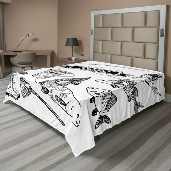 Ambesonne Fish Flat Sheet, Hand Drawn Animals, Queen Size, Black White