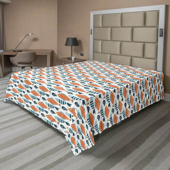Ambesonne Fish Flat Sheet, Marine Cartoon Animal, King Size, White Blue Grey Orange