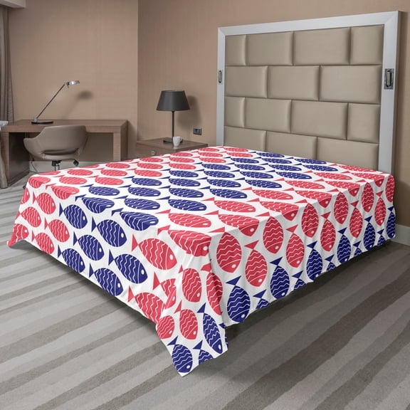 Ambesonne Fish Flat Sheet, Nautical Fish Theme Design, California King, Red and Navy Blue