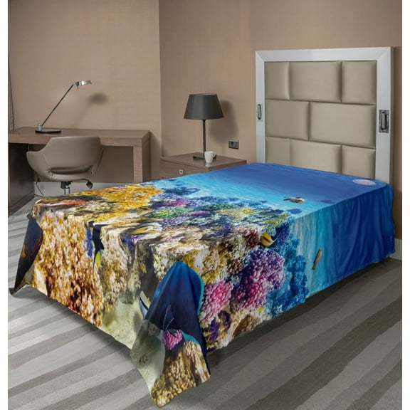 Ambesonne Fish Flat Sheet, Ocean Corals Goldfish, Twin Size, Turquoise