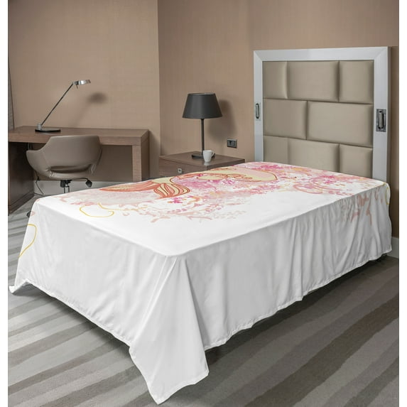 Ambesonne Fish Flat Sheet, Pink Floral, TwinXL Size, Pink Yellow