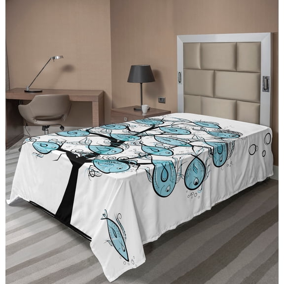 Ambesonne Fish Flat Sheet, Sea Animals on Tree Theme, Twin Size, Blue and Black
