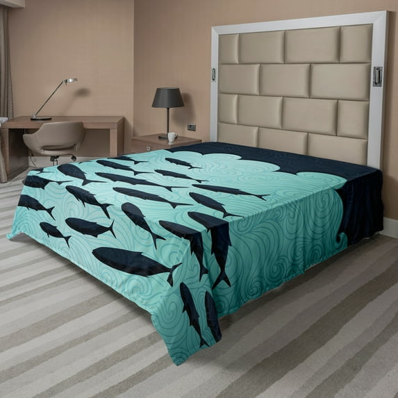 Ambesonne Fish Flat Sheet, Surreal Ocean Life Theme, King Size, Blue Turquoise