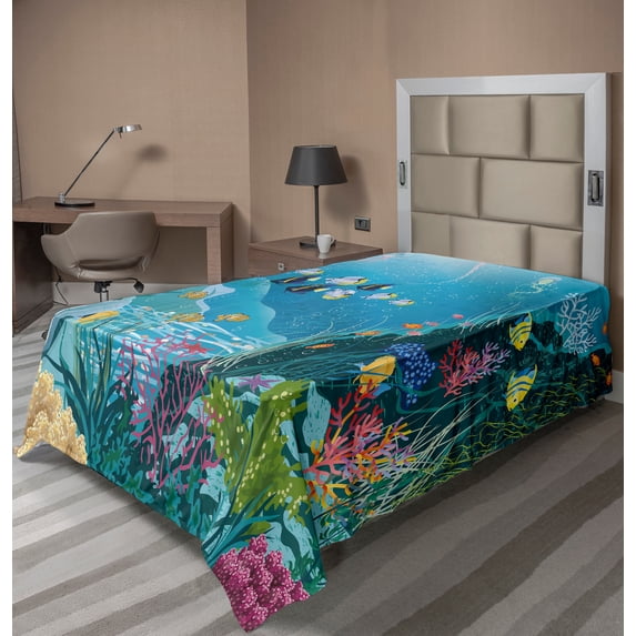Ambesonne Fish Flat Sheet, Underwater Scenery, Twin Size, Multicolor