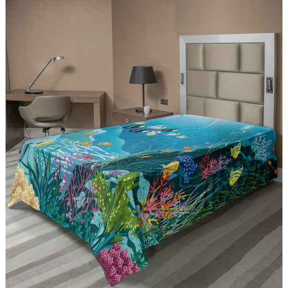 Ambesonne Fish Flat Sheet, Underwater Scenery, TwinXL Size, Multicolor