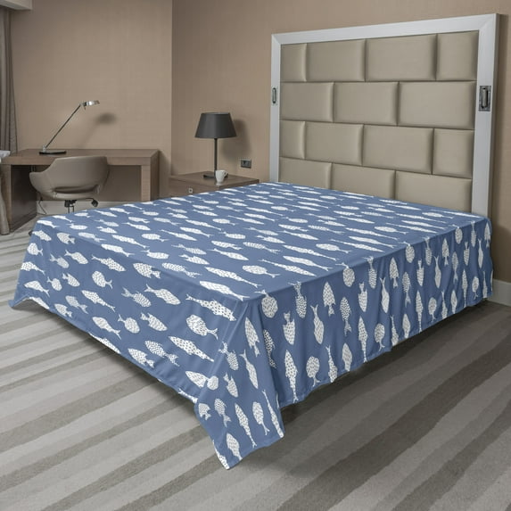 Ambesonne Fish Flat Sheet, White Silhouette Fish, Queen Size, Ceil Blue and White