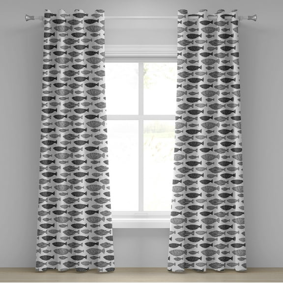 Ambesonne Fish Grommet Curtain, Sea Animals Black White, 50" x 96", Black White