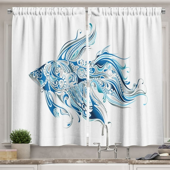 Ambesonne Fish Kitchen Curtains, Abstract Betta Splenden, 55"x39", Blue Azure Blue