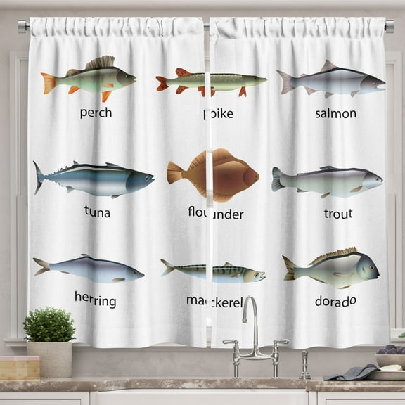 Ambesonne Fish Kitchen Curtains, Aquatic Animal Composition, 55"x36", Multicolor