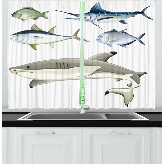 Ambesonne Fish Kitchen Curtains, Collage of Aquatic Animal, 55"x45", Grey and Grey