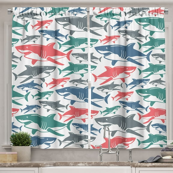 Ambesonne Fish Kitchen Curtains, Colorful Shark Patterns, 55"x36", Multicolor