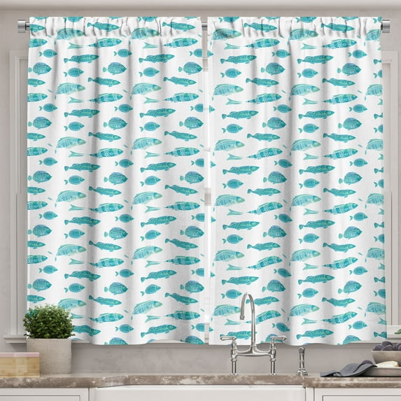 Ambesonne Fish Kitchen Curtains, Doodle Art Aquatic Life, 55"x45", Mint Green White