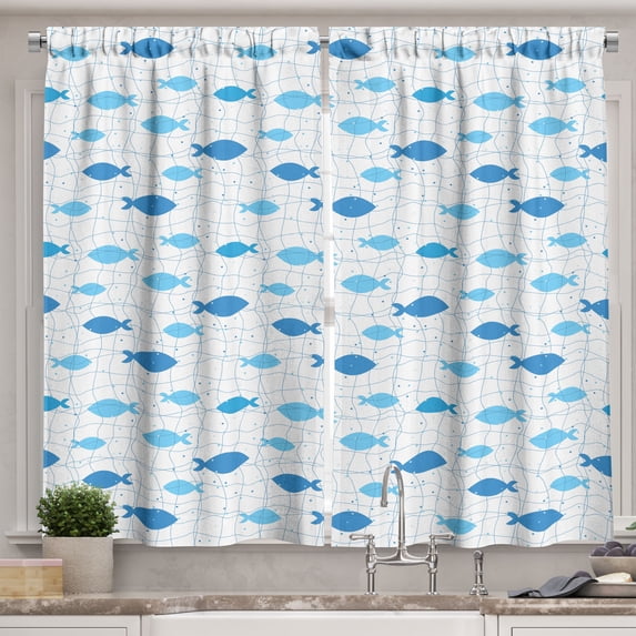 Ambesonne Fish Kitchen Curtains, Geometric Net Design Dots, 55"x45", Blue Pale Blue White